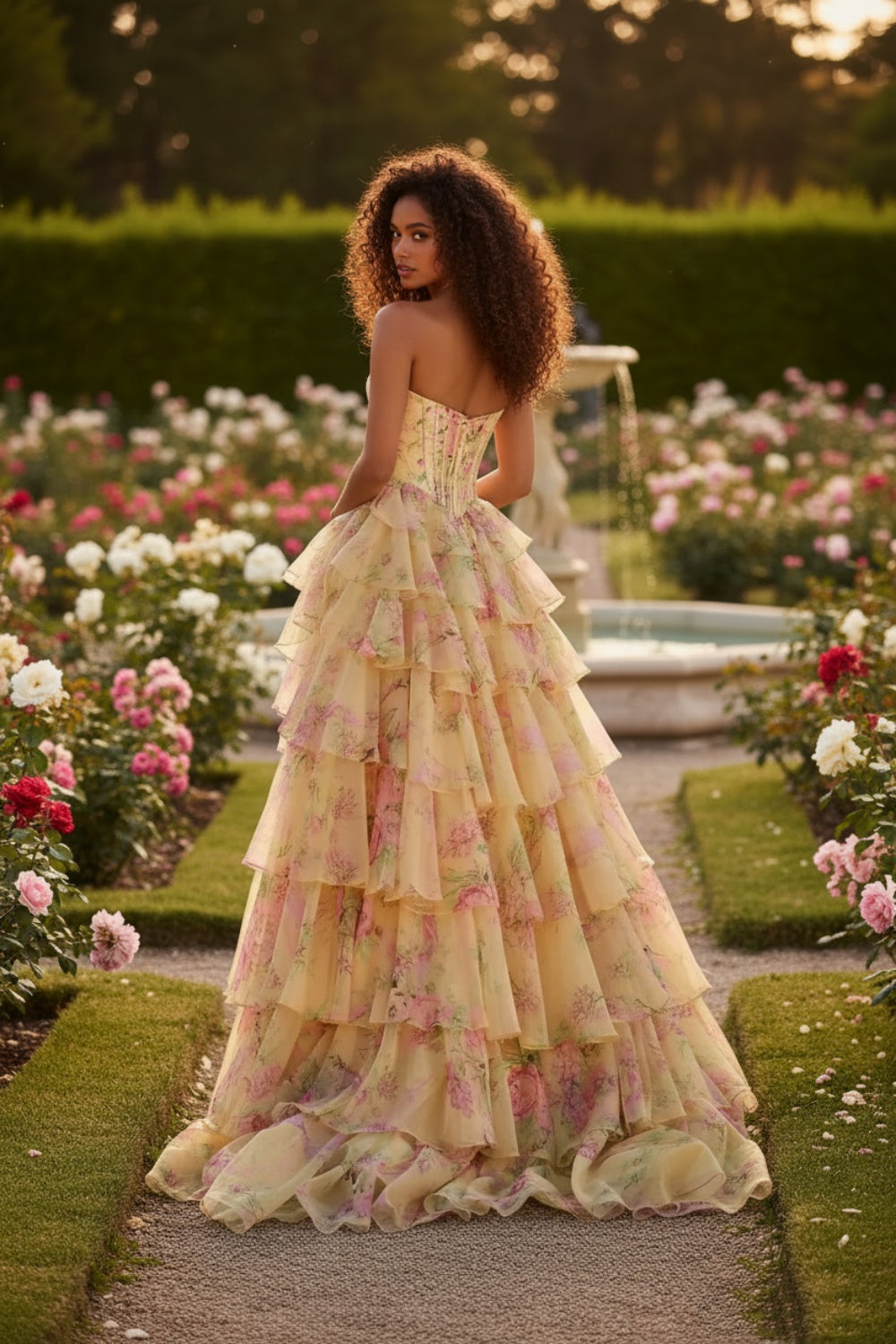 Lively Floral Strapless A-line Long Prom Dress with Split
