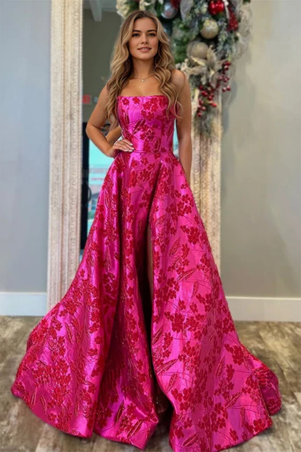 Fuschia Strapless Sleeveless A-line Prom Dress with Split