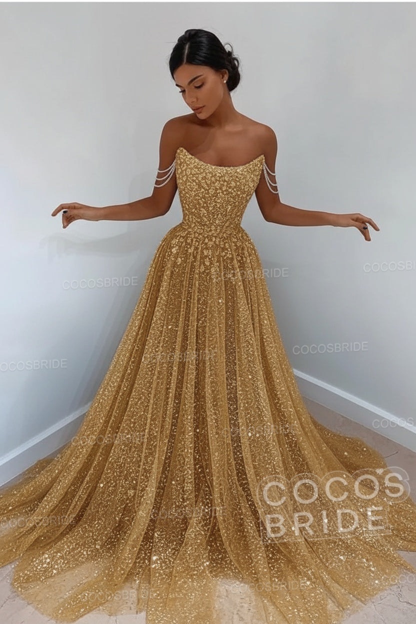 Long A-line Sparkly Sleeveless Sequined Formal Prom Dress
