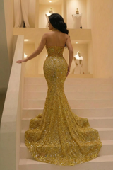 Golden Halter Mermaid Sequined Prom Dress with Rhinestones