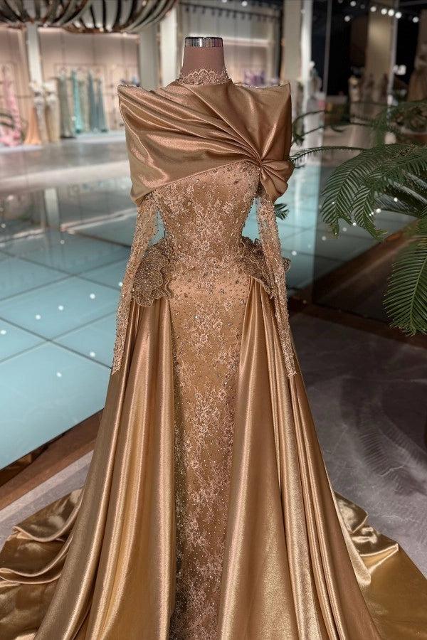 Golden Long Sleeves Mermaid Lace Evening Dress with Drape