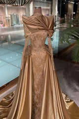 Golden Long Sleeves Mermaid Lace Evening Dress with Drape