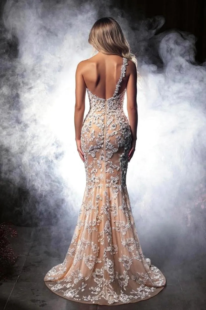 One-Shoulder Lace Mermaid Formal Dress with Crystal