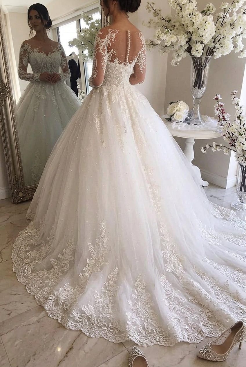 Gorgeous Long A-line Sweetheart Tulle Wedding Dresses with Sleeves