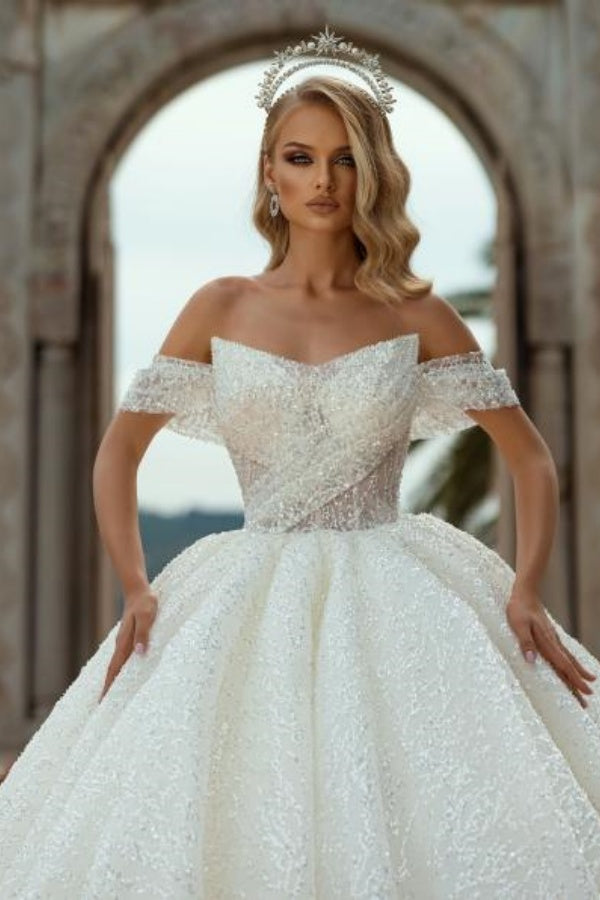 Gorgeous Long Ball Gown Off the Shoulder Sequined Wedding Dresses