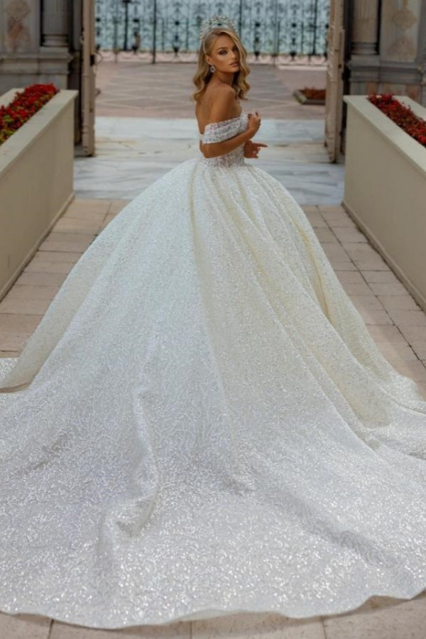 Gorgeous Long Ball Gown Off the Shoulder Sequined Wedding Dresses
