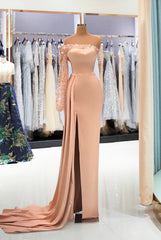 Gorgeous Long Mermaid Satin Front Slit Prom Dress with Sleeves