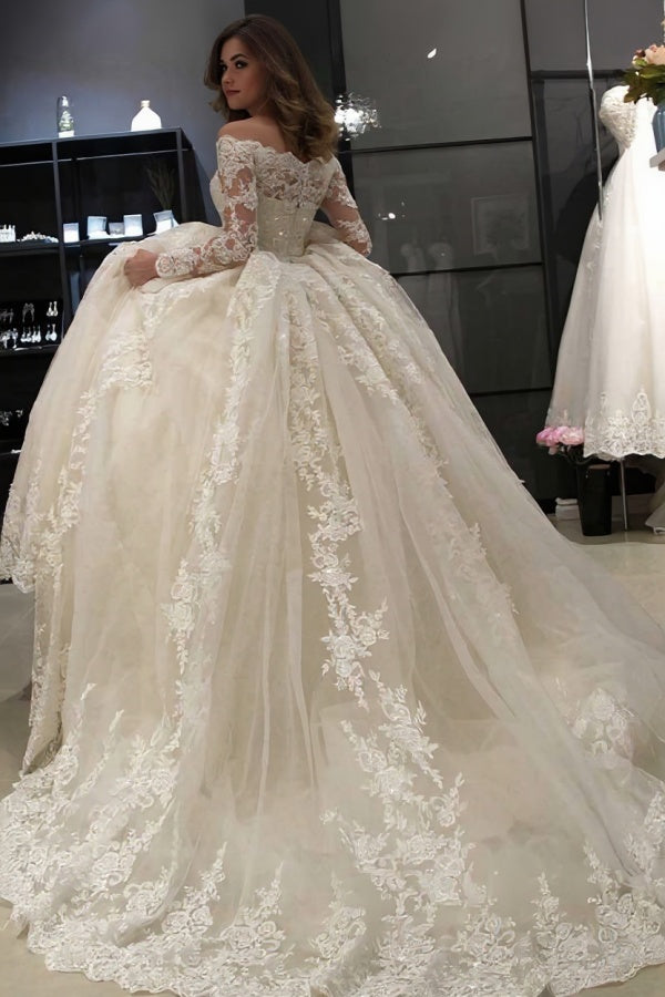 Gorgeous Long Sleeves Off the Shoulder Lace Ball Gown Wedding Dresses