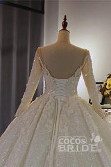 Gorgeous Long Sleeves V Neck Tulle Lace Ball Gown Wedding Dresses