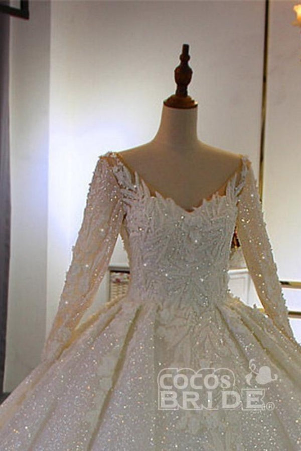 Gorgeous Long Sleeves V Neck Tulle Lace Ball Gown Wedding Dresses
