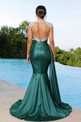 Burgundy Long Mermaid High Neck Satin Beaded Prom Dresses with Sleeves