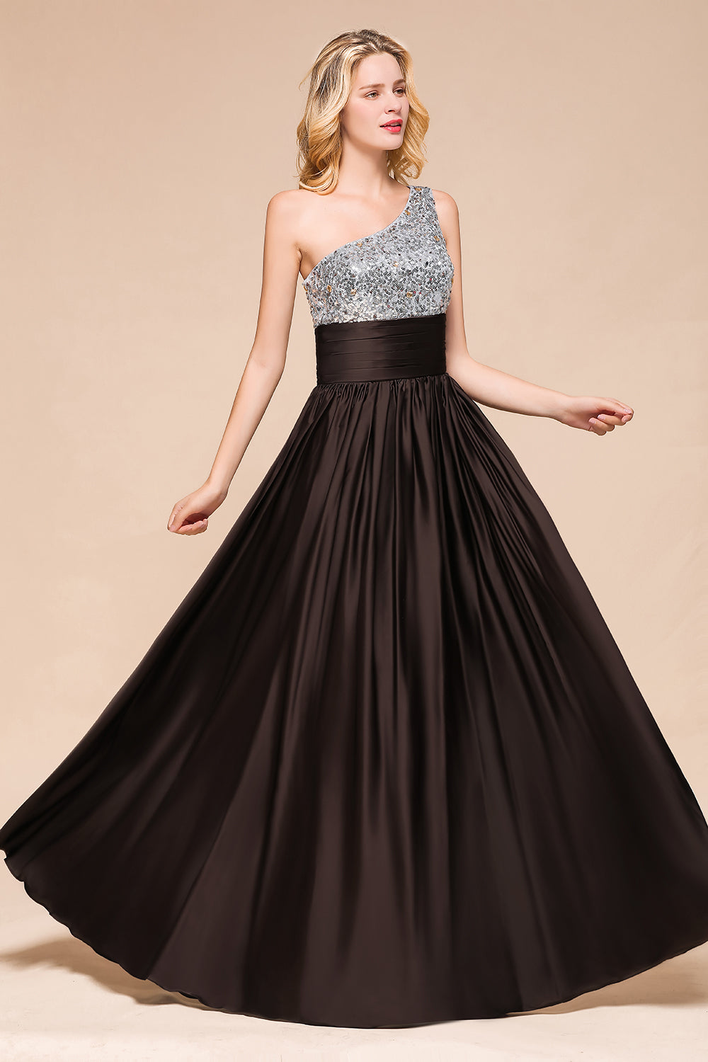 Gorgeous Long One Shoulder A-line Chiffon Evening Dress With Sequins