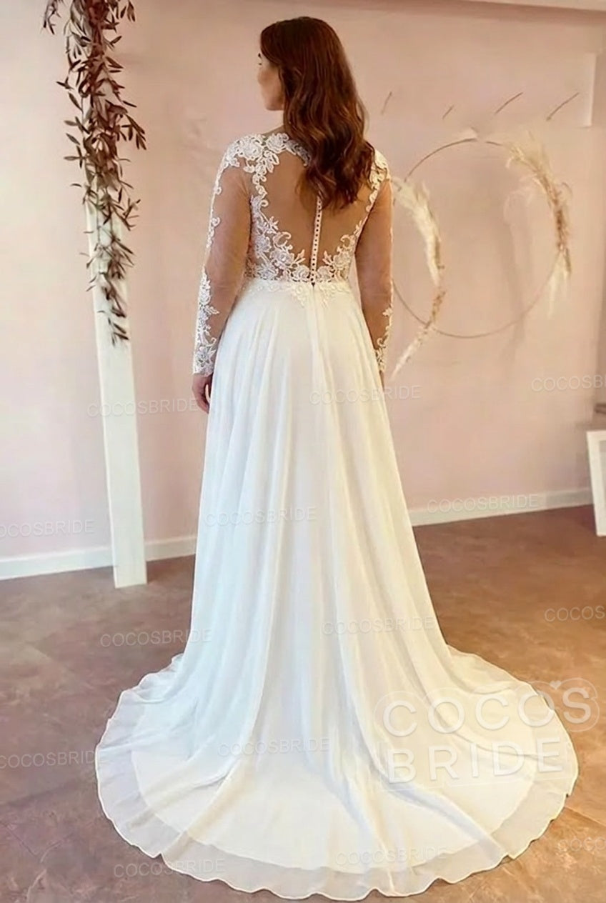 Gorgeous Plus Size A-line V-Neck Long Sleeves Lace Ruffles Wedding Dresses