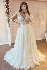 Gorgeous Plus Size A-line V-Neck Long Sleeves Lace Ruffles Wedding Dresses