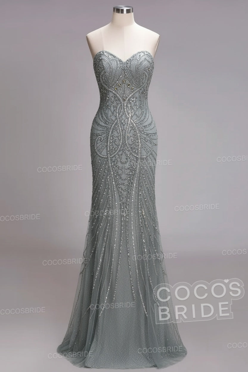 Mermaid Strapless Sweetheart Long Sequined Formal Evening Dresses with Beads