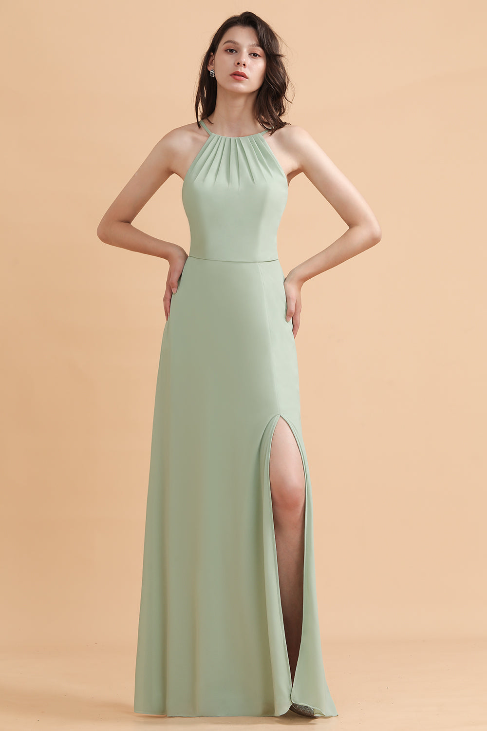 Long Halter A-Line Backless Wedding Guest Dress With Side Slit