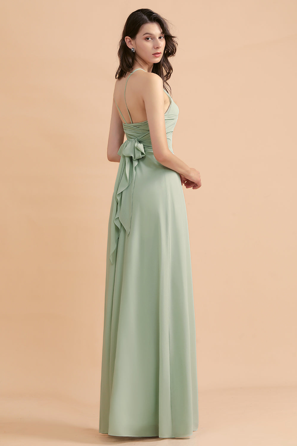 Halter A-Line Wedding Guest Dress Backless Long Bridesmaid Dress With Side Slit