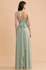 Long Halter A-Line Backless Wedding Guest Dress With Side Slit
