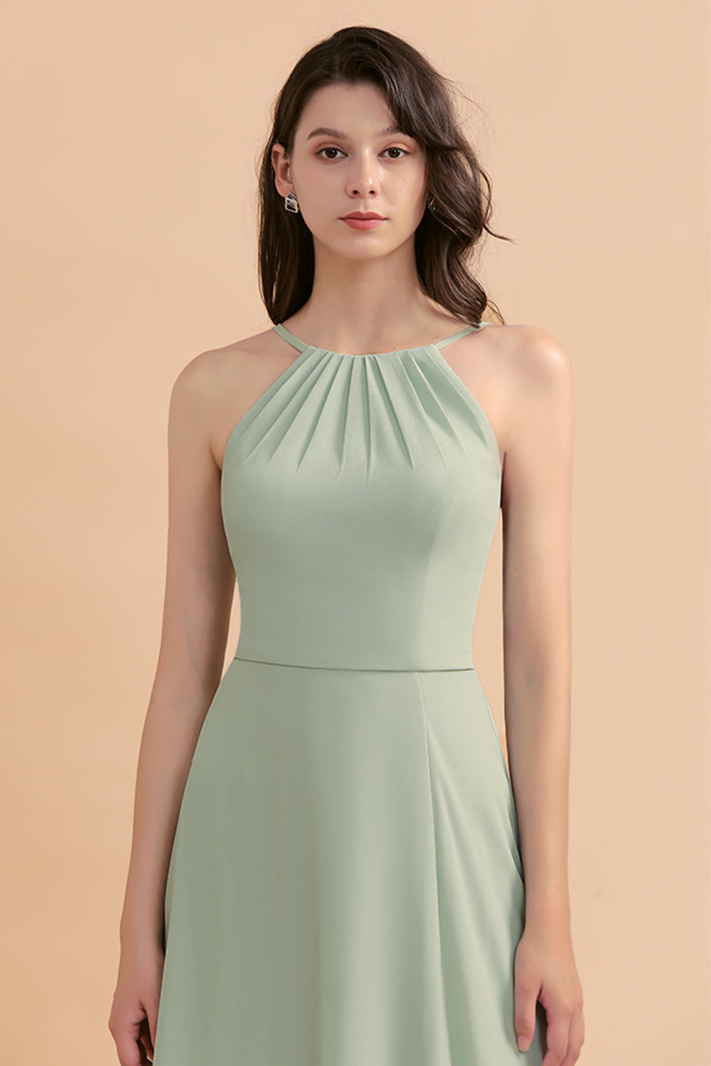 Halter A-Line Wedding Guest Dress Backless Long Bridesmaid Dress With Side Slit