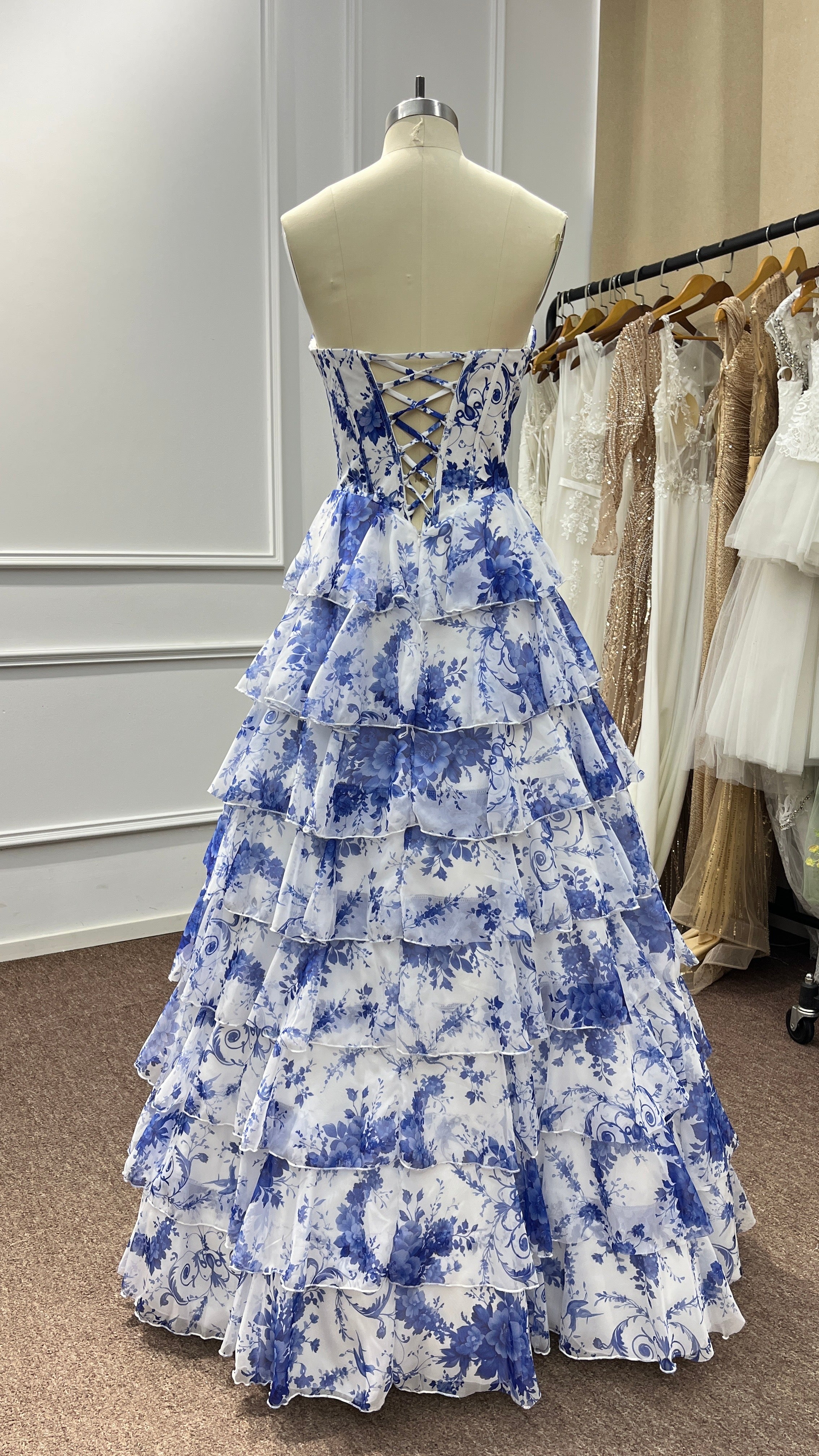 Blue Floral Strapless Silk Chiffon Corest Long A-line Prom Dress with Slit