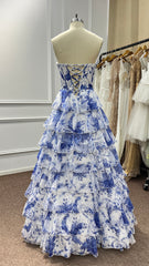 Blue Floral Strapless Silk Chiffon Corest Long A-line Prom Dress with Slit