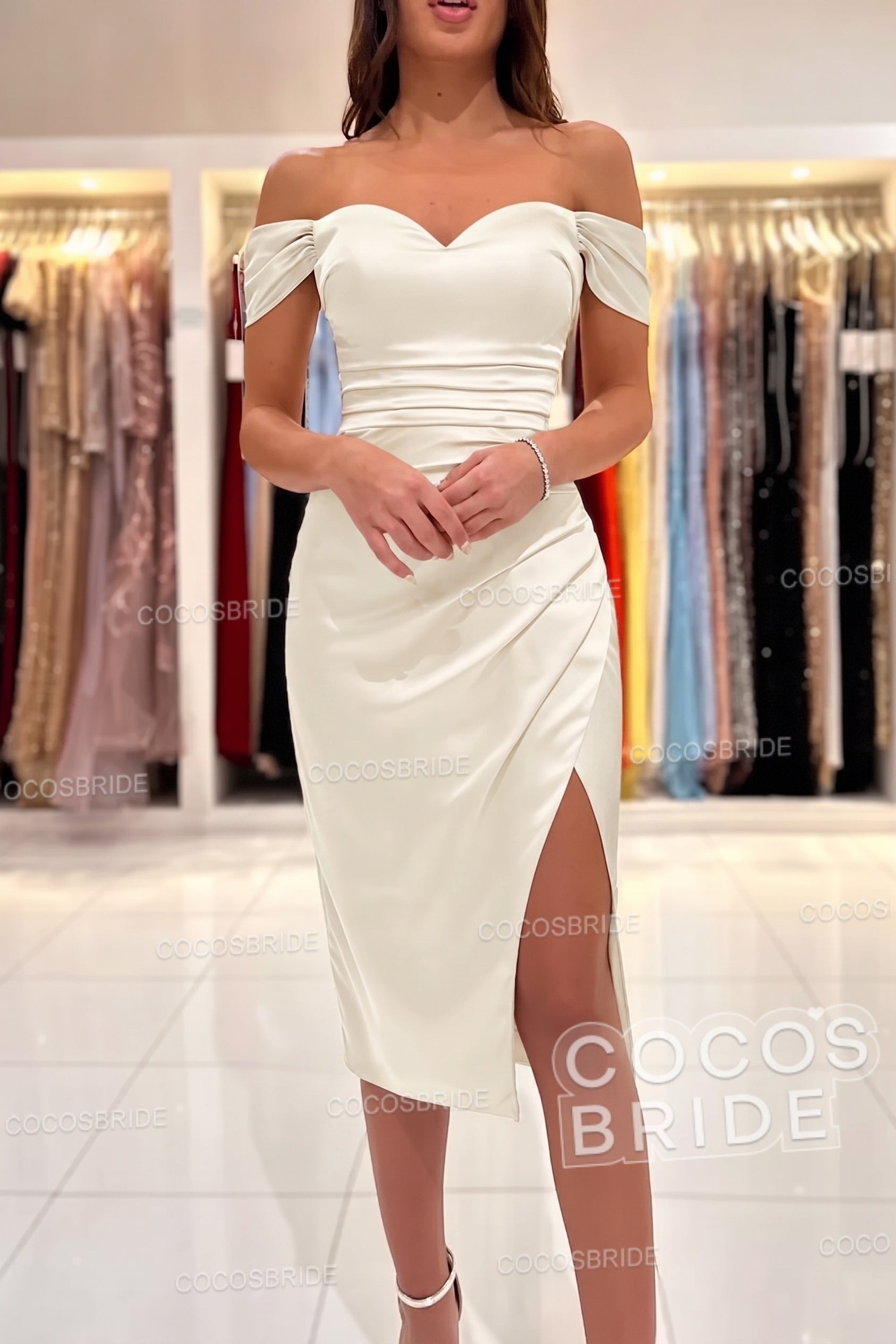 Short Mermaid Off the Shoulder Satin Party Dresses with Slit
