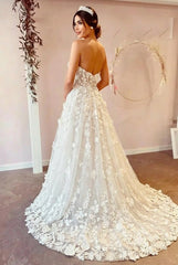 Ivory A-Line Sweetheart Off the Shoulder Tulle Long Wedding Dress with Flowers