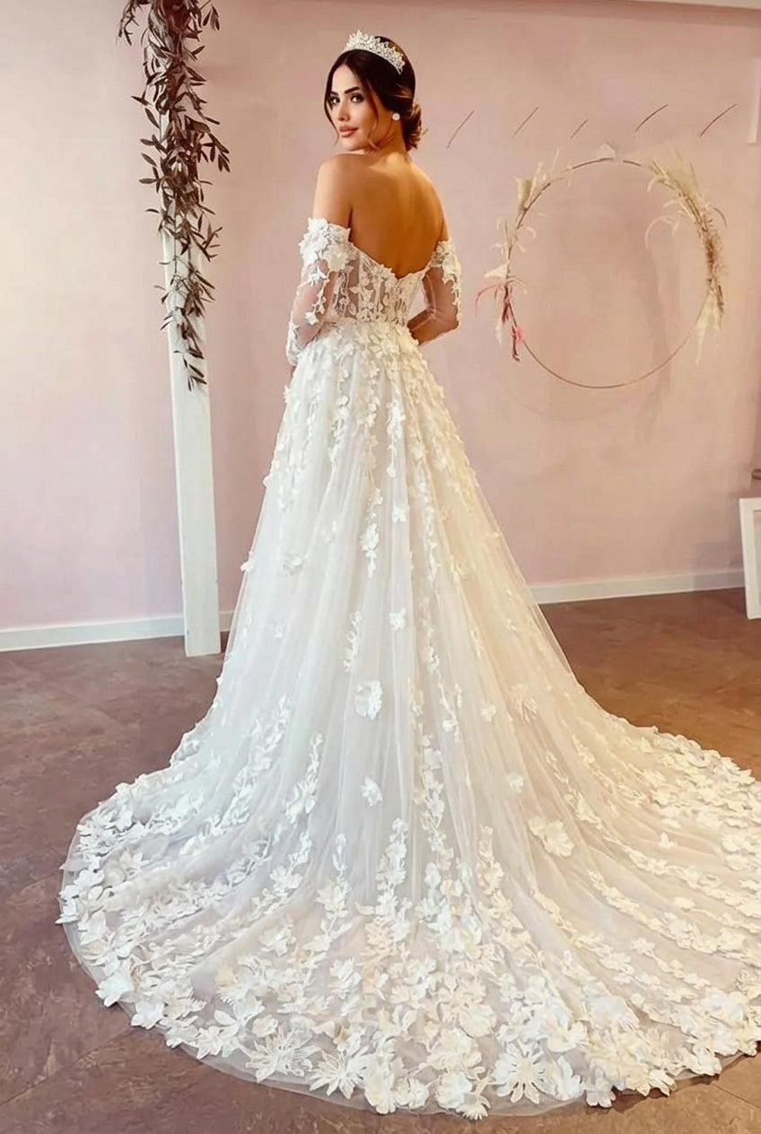 Ivory A-Line Sweetheart Off the Shoulder Tulle Long Wedding Dress with Flowers