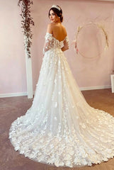 Ivory A-Line Sweetheart Off the Shoulder Tulle Long Wedding Dress with Flowers