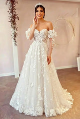Ivory A-Line Sweetheart Off the Shoulder Tulle Long Wedding Dress with Flowers