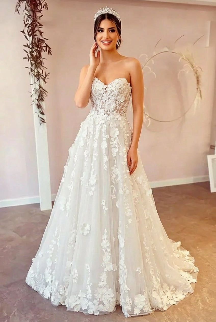 Ivory A-Line Sweetheart Off the Shoulder Tulle Long Wedding Dress with Flowers