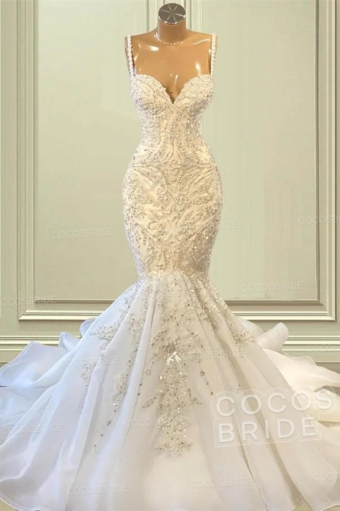 Gorgeous Long Mermaid Sweetheart Spaghetti Straps Beading Wedding Dresses