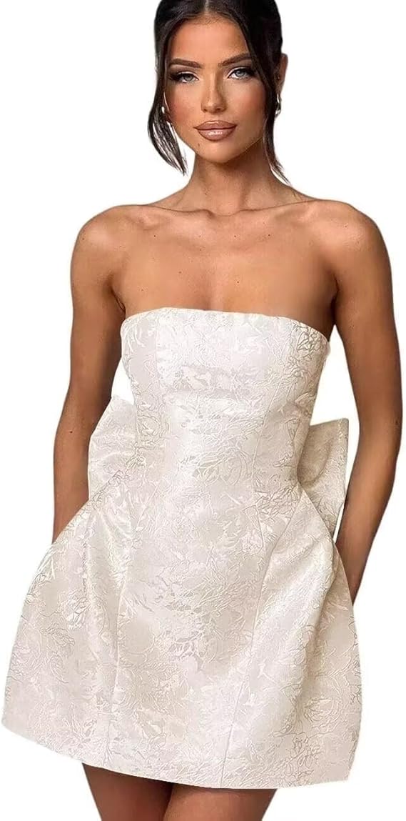 Strapless Short Ball Gown Sleeveless Lace up Jacquard Satin Homecoming Dress with Bow