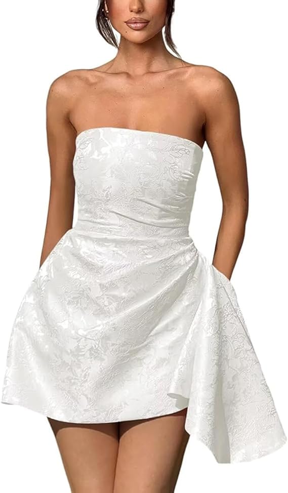 A-line Strapless Jacquard Satin Asymmetrical Lace up Sleeveless Short Homecoming Dress