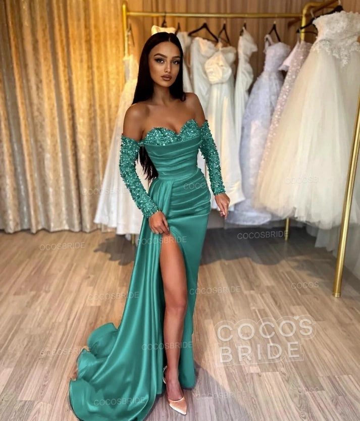 Long Mermaid Off the Shoulder Satin Front Slit Prom Dresses with Sleeves