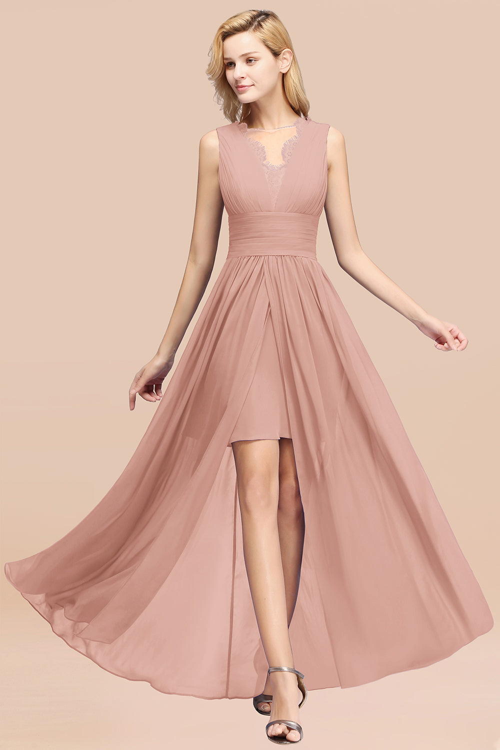 Lace Chiffon Jewel Sleeveless Ruffles Short Bridesmaid Dress
