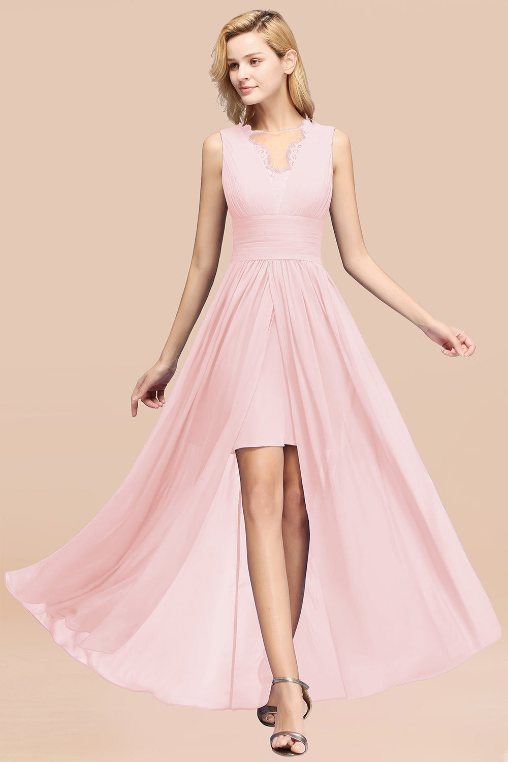 Lace Chiffon Jewel Sleeveless Ruffles Short Bridesmaid Dress