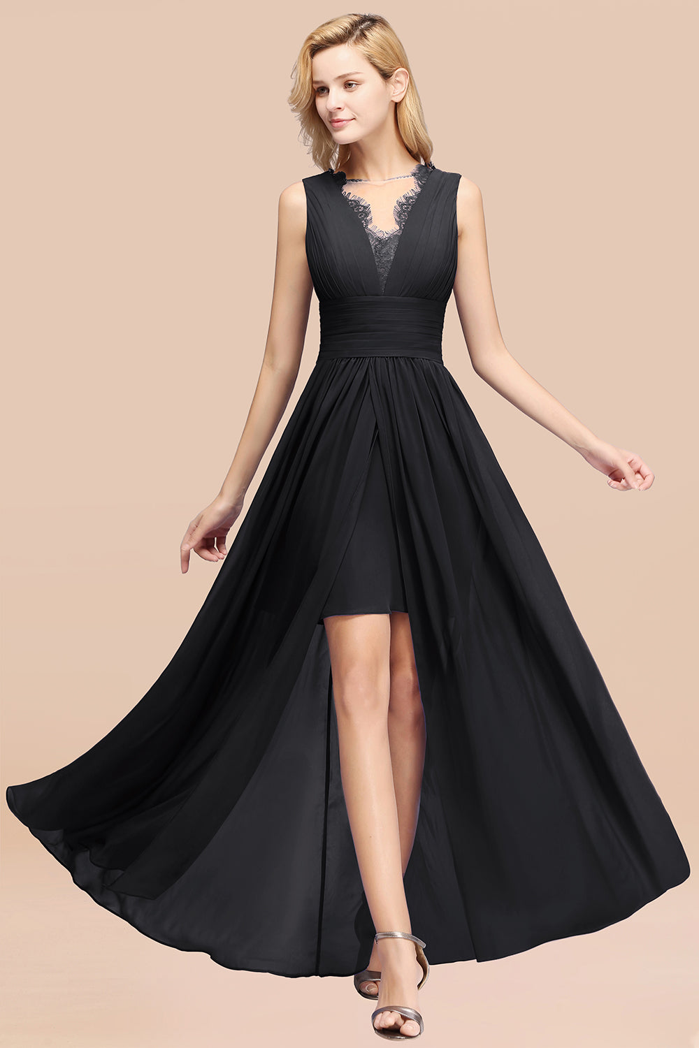 Lace Chiffon Jewel Sleeveless Ruffles Short Bridesmaid Dress