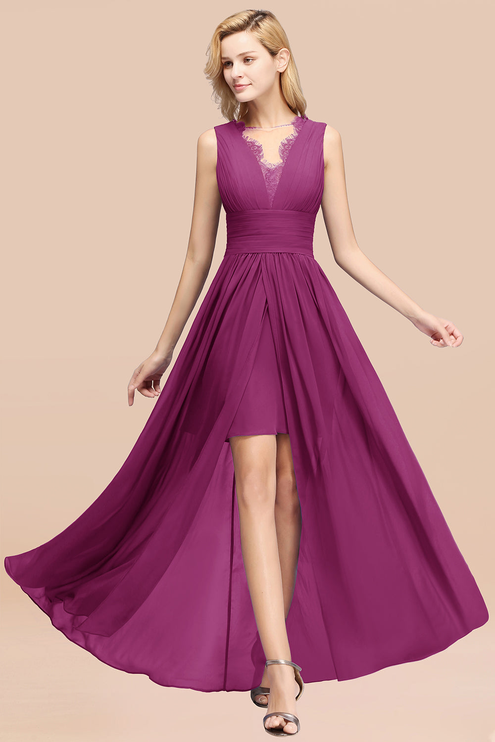 Lace Chiffon Jewel Sleeveless Ruffles Short Bridesmaid Dress