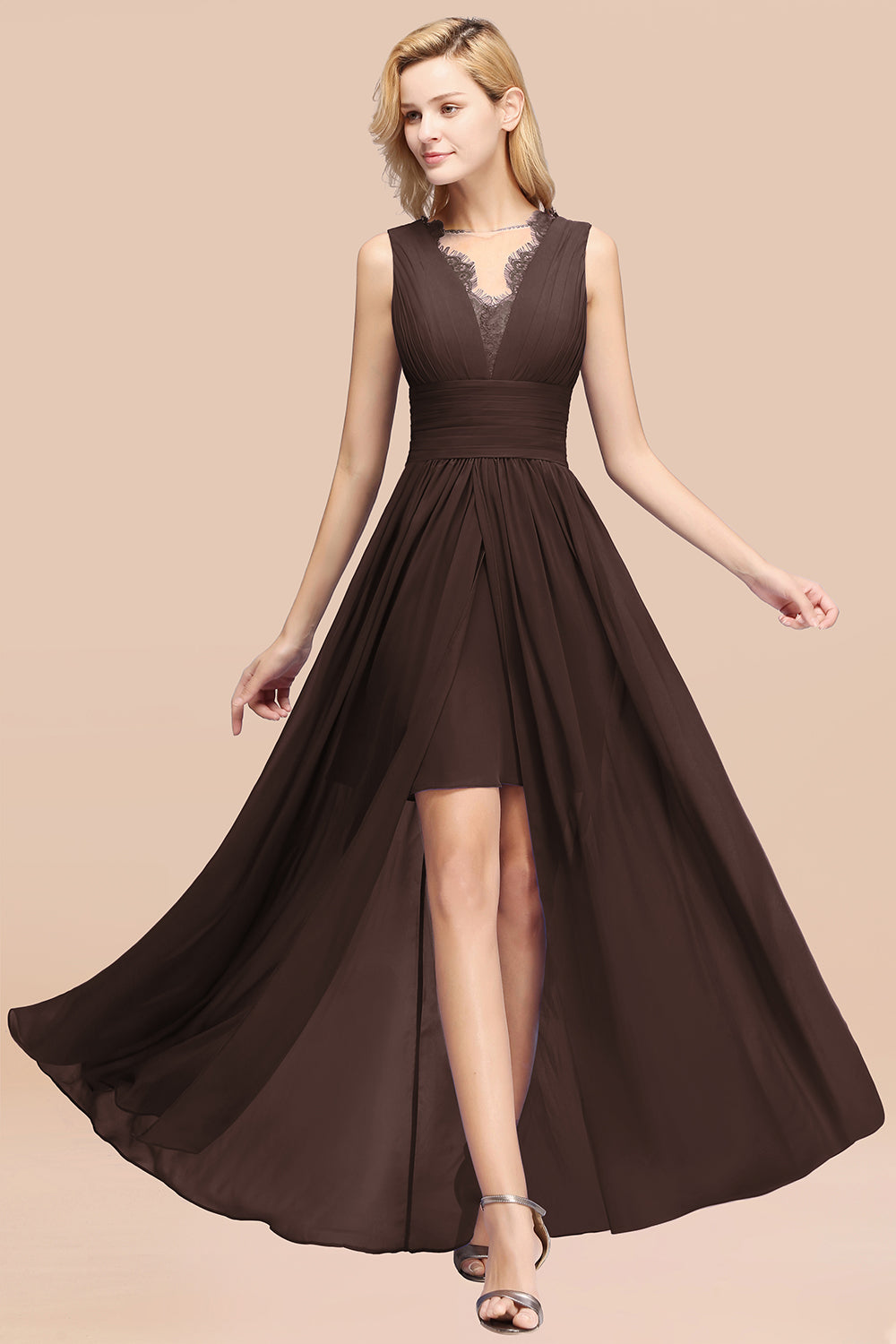 Lace Chiffon Jewel Sleeveless Ruffles Short Bridesmaid Dress