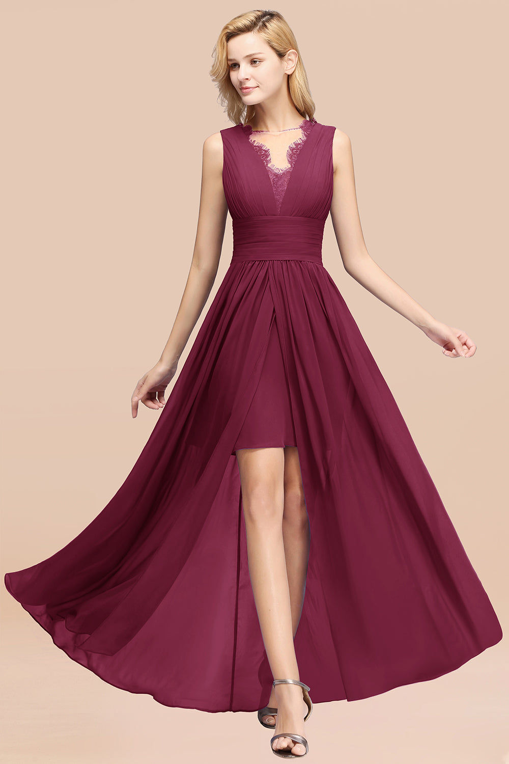 Lace Chiffon Jewel Sleeveless Ruffles Short Bridesmaid Dress