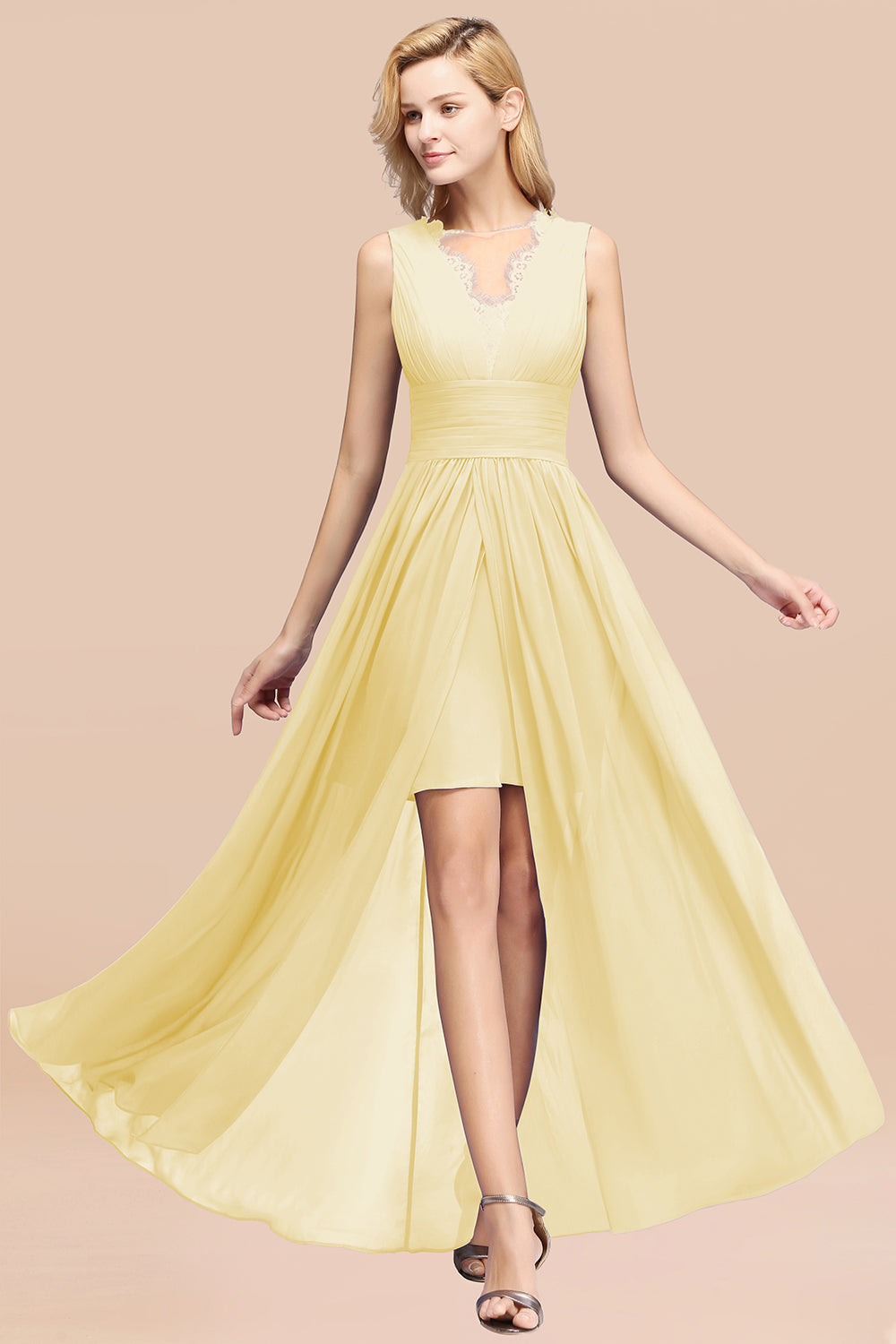 Lace Chiffon Jewel Sleeveless Ruffles Short Bridesmaid Dress