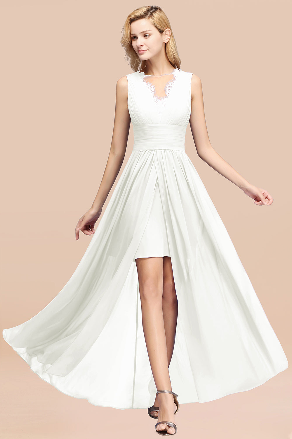 Lace Chiffon Jewel Sleeveless Ruffles Short Bridesmaid Dress