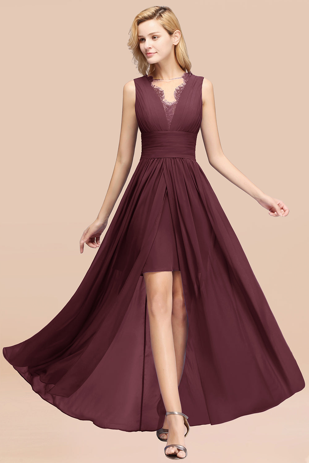 Lace Chiffon Jewel Sleeveless Ruffles Short Bridesmaid Dress