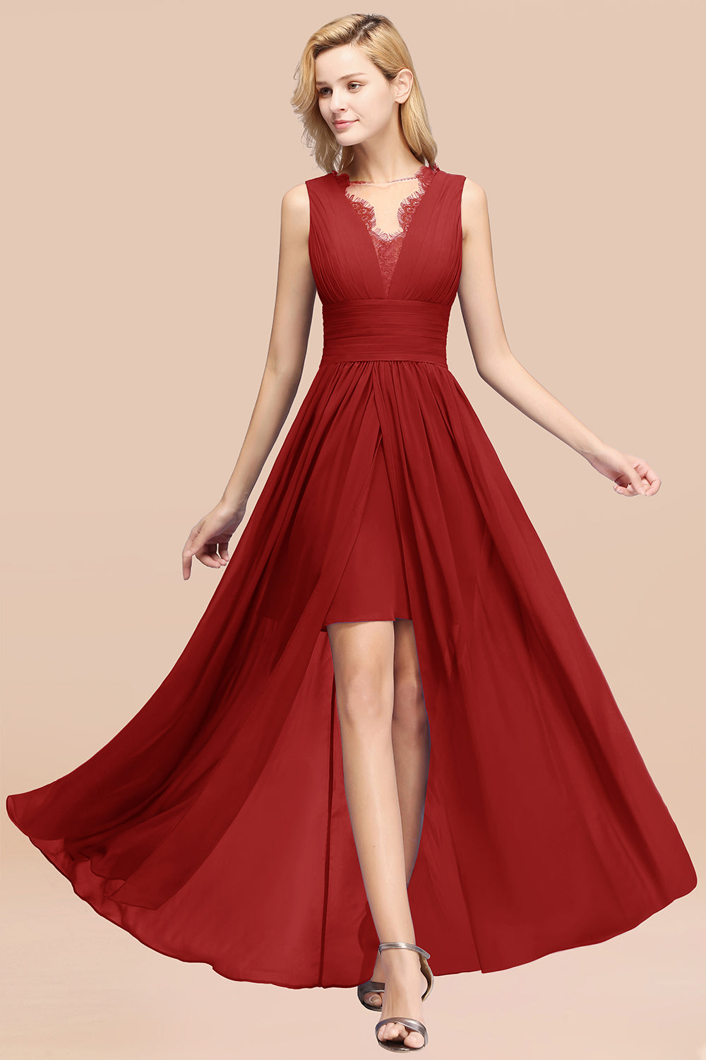 Lace Chiffon Jewel Sleeveless Ruffles Short Bridesmaid Dress