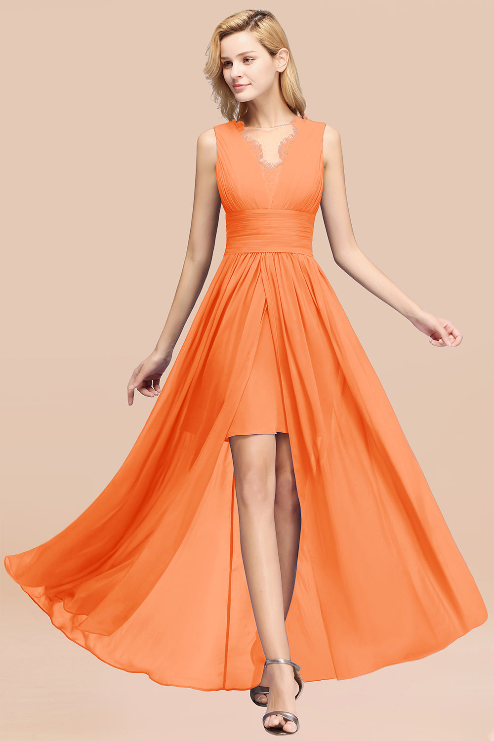 Lace Chiffon Jewel Sleeveless Ruffles Short Bridesmaid Dress