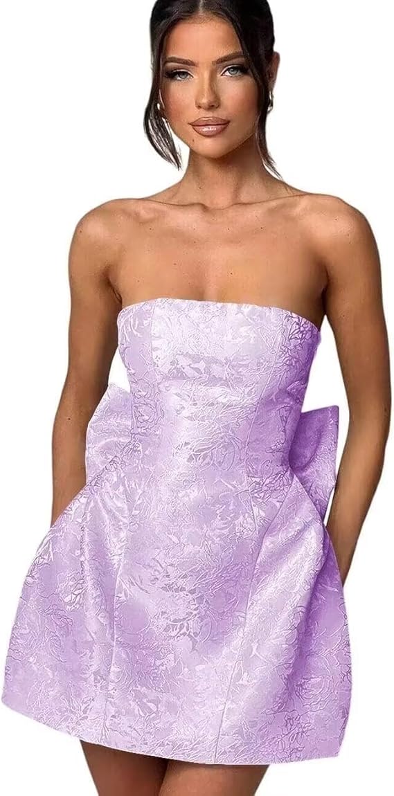 Strapless Short Ball Gown Sleeveless Lace up Jacquard Satin Homecoming Dress with Bow