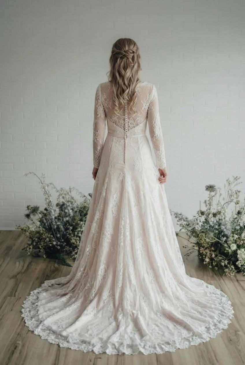 Long A Line Lace Vintage Wedding Dress with Long Sleeve
