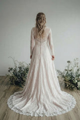 Long A Line Lace Vintage Wedding Dress with Long Sleeve