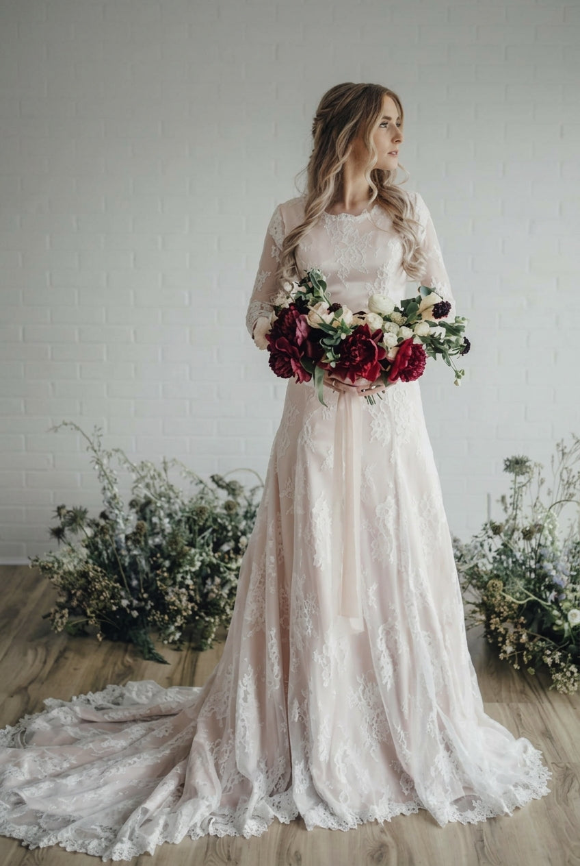 Long A Line Lace Vintage Wedding Dress with Long Sleeve